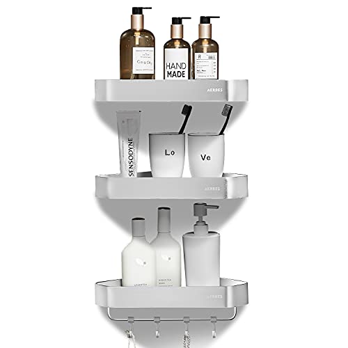 3 Pack Shower Caddy Corner, Shower Shelf with Hooks Storage Rack Organizer, Adhesive Shelf Basket without Drilling for Bathroom, Dorm, Lavatory, Washroom, Restroom, Toilet, Kitchen - Silver