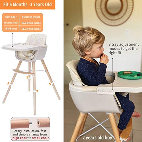 3-in-1 Baby High Chair with Adjustable Legs, Tray -Cream Color Dishwasher Safe