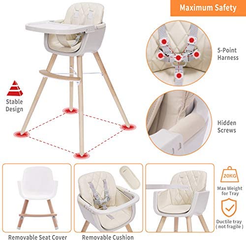 3-in-1 Baby High Chair with Adjustable Legs, Tray -Cream Color Dishwasher Safe